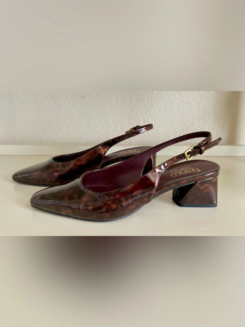 Franco Sarto Brown Tortoiseshell Patent Slingback Heels